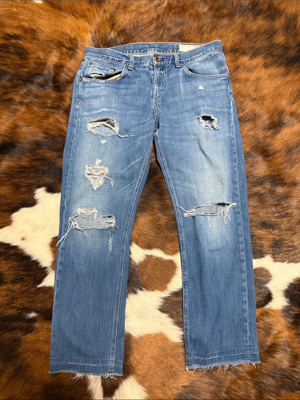 rag & bone Distressed Medium Blue Straight Leg mid rise Jeans.